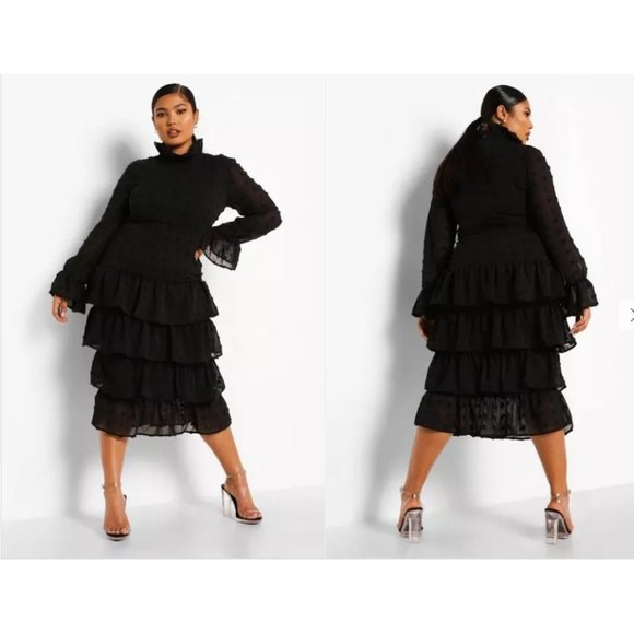 Boohoo Dresses & Skirts - PLUS POLKA DOT RUFFLE TIERED MIDI DRESS
